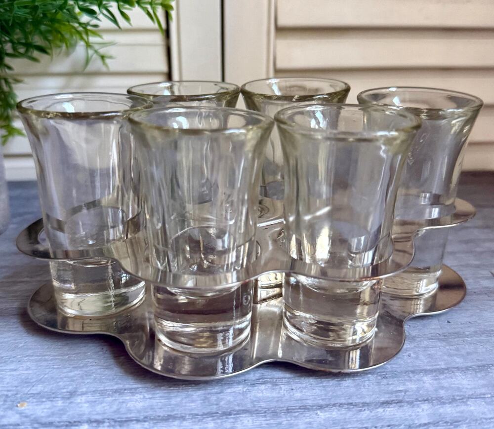Vintage Shot Glass Set with Metal Caddy | Mid Century Modern Barware